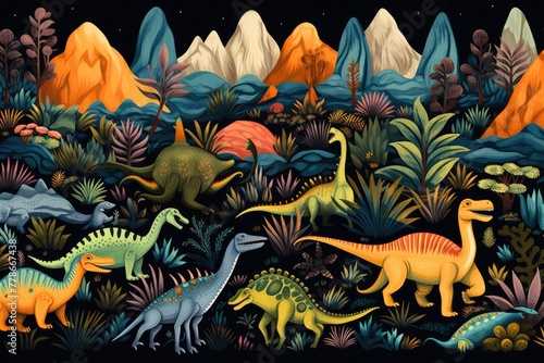Dinosaurs  A playful pattern of dinosaurs in a prehistoric setting  AI generated
