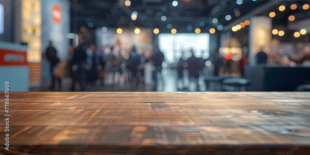 Wooden Table in Bustling Trade Fair Backdrop for Product Launches and Wooden Table in Bustling Trade Fair Backdrop for Product Launches and