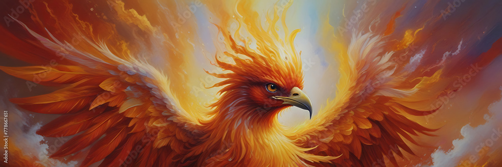 Obraz premium A resplendently ethereal phoenix of glistening gold and fiery reds, feathers shimmering like liquid sunlight, and eyes glowing with celestial wisdom. fire