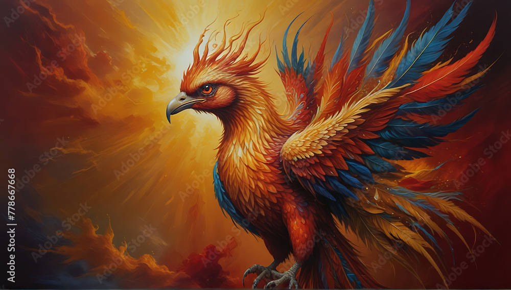 A resplendently ethereal phoenix of glistening gold and fiery reds, feathers shimmering like liquid sunlight, and eyes glowing with celestial wisdom. majestic