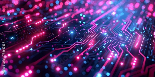 Neon pathways of a futuristic digital circuit board against a dark vibrant background symbolizing the flow of complex technology and information in a