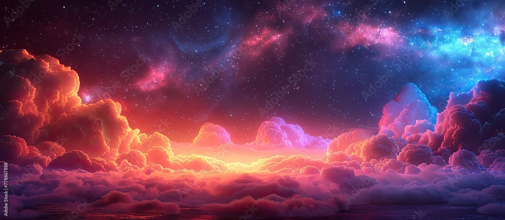 An afterglow of purple and red hues fills the sky, with billowing cumulus clouds and a galaxy peeking through the violet atmosphere at dusk
