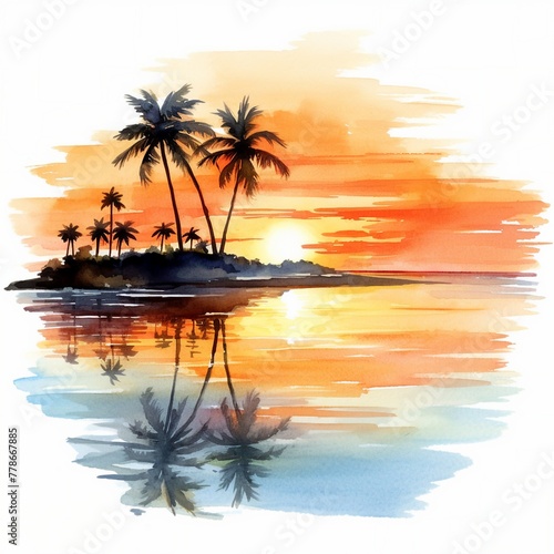 Island Sunset Serenade with Reflective Water and Palm Silhouettes 