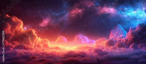 An afterglow of purple and red hues fills the sky, with billowing cumulus clouds and a galaxy peeking through the violet atmosphere at dusk