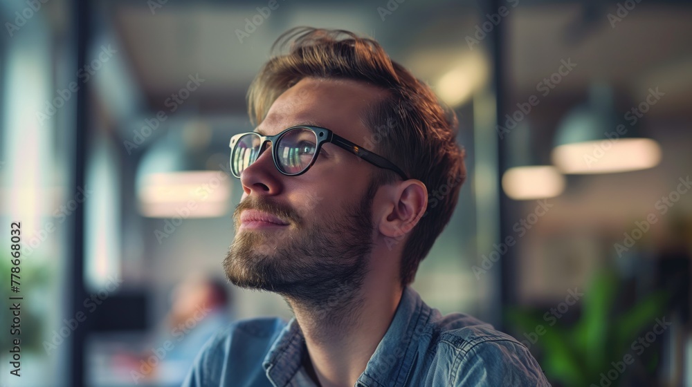 Man with spectacles eyeglasses in office look at window and proud of something smile satisfied male Caucasian with beard Man with spectacles eyeglasses in office look at window and proud of something smile satisfied male Caucasian with beard