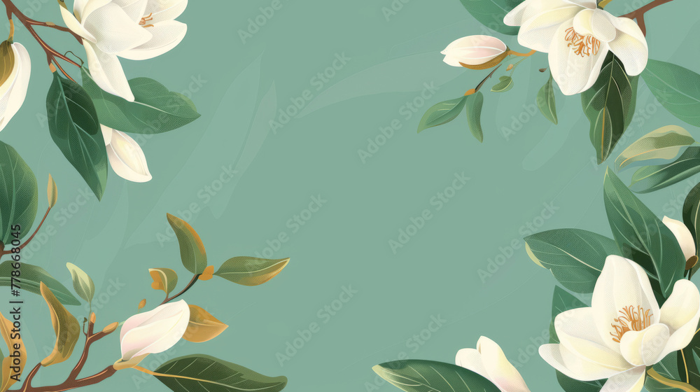 Beautiful botanical illustration of magnolia flowers and leaves against a calming green background, ideal for a refreshing wall feature