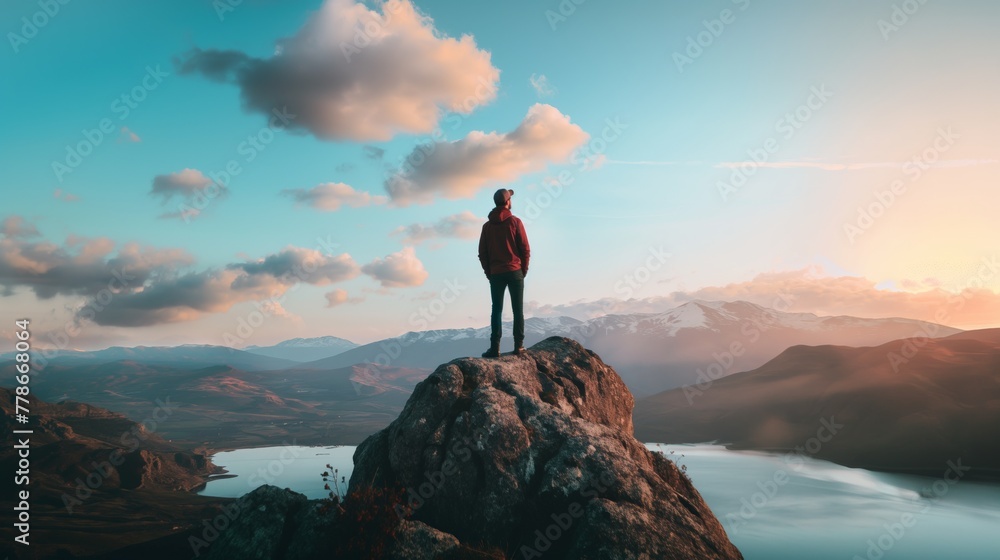Hiker hiking stands on top of mountain near lake mountain range during sunset clouds and sky