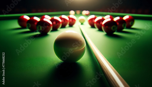 A snooker scene focused on the white cue ball with the cue stick aligned for a shot. The red snooker balls are arranged in back photo