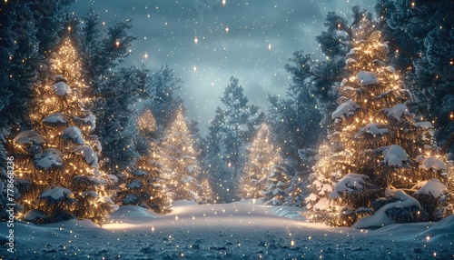 Winter Magic, Snow-covered trees adorned with twinkling lights in a winter wonderland setting, perfect for holiday-themed imagery