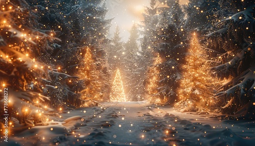 Winter Magic, Snow-covered trees adorned with twinkling lights in a winter wonderland setting, perfect for holiday-themed imagery