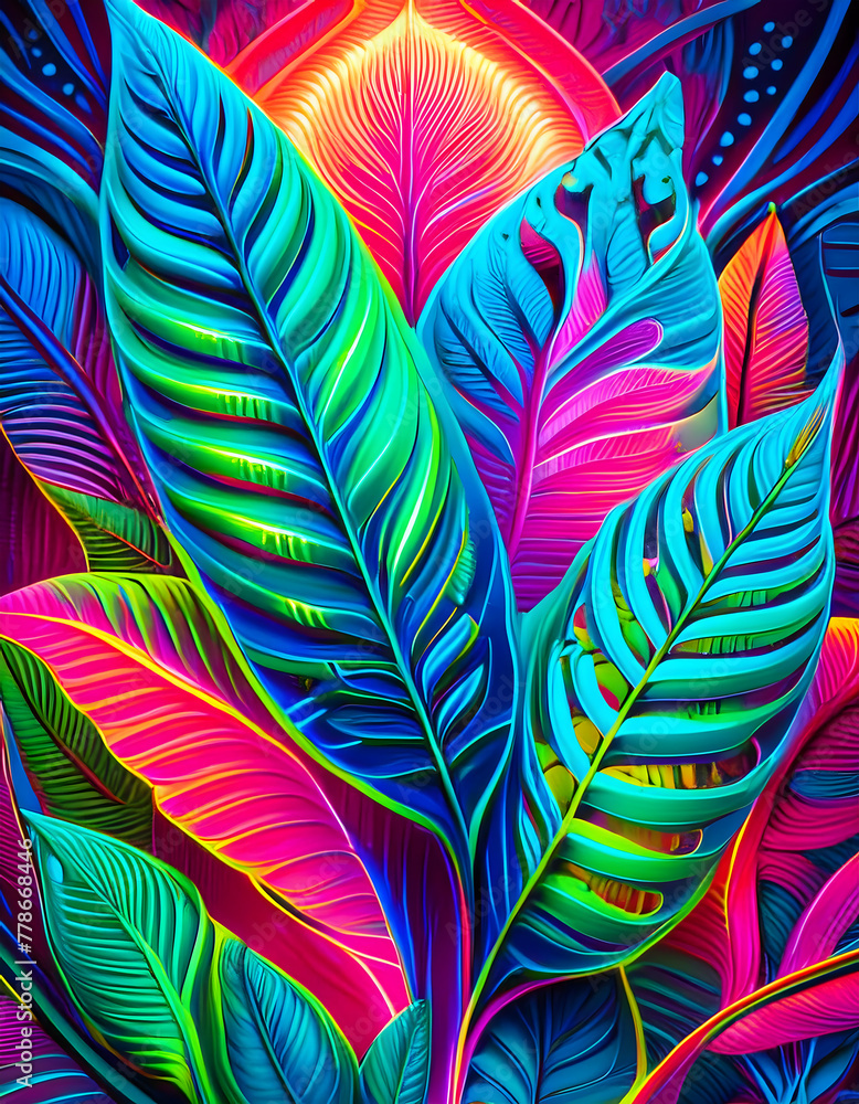 Neon tropical jungle foliage banner on digital art concept, Generative AI.