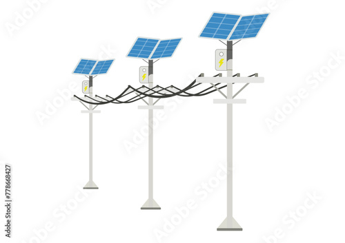 Solar panel in power line. New energy era. Vector illustration. Isolated on white background. Can be used for web and mobile development suitable for infographic.