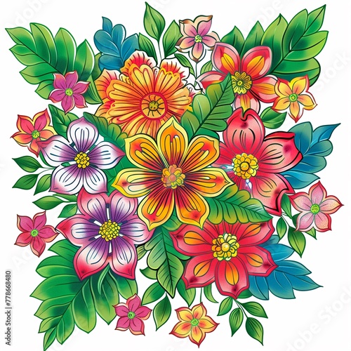 Create a vibrant floral mandala design featuring a variety of blossoms and leaves, set against a clean white background