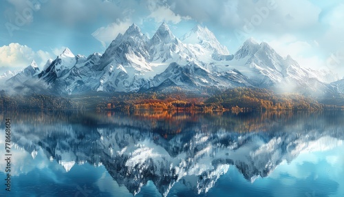 Mountain Reflections  Majestic peaks mirrored in the still waters of a mountain lake  creating a symmetrical and serene scene