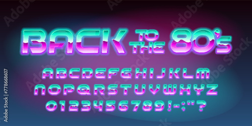 Back to the 80s alphabet font. 80s style bright neon letters and numbers. Stock vector typescript for your design. photo