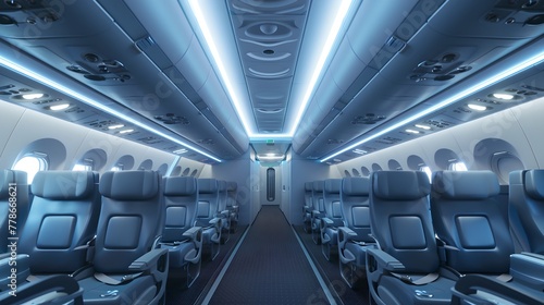 Futuristic Airplane Cabin Interior with Comfortable Seating and Modern Design. Spacious, High-Tech Flight Atmosphere. Travel in Style. AI