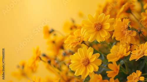 A close-up of fresh marigolds in full bloom against a monochromatic yellow background, highlighting the beauty of the flowers