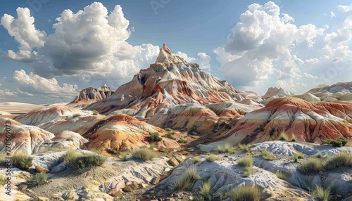 Badlands Formation, Eroded rock formations and colorful sediment layers in a desert badlands landscape, showcasing the unique geological features of the area
