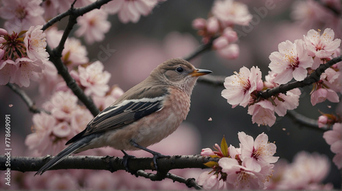Cherry Blossoms and a Chaffinch bird. © Kevinio