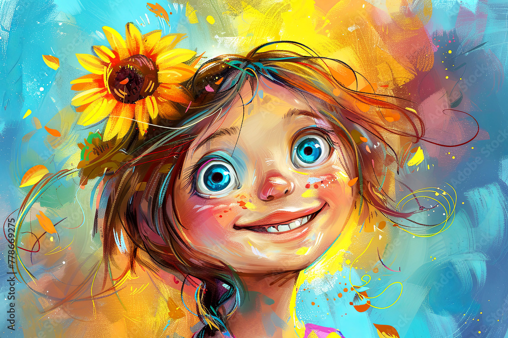 Happy charming girl smiling . She have a cute asunfower. Funny illustration.