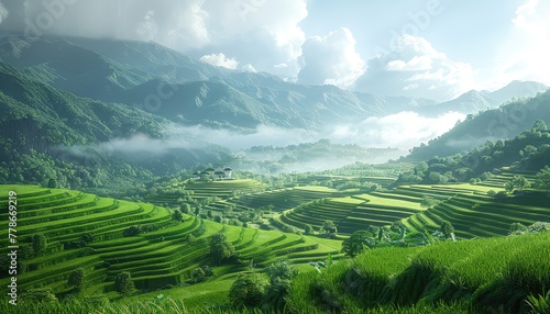 Terraced Rice Fields, Stepped fields of green rice paddies against a backdrop of mountains, illustrating the ingenuity of agricultural landscapes