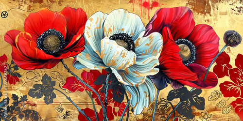 Red anemone blossom painting. Banner with beautiful spring flower. © bit24