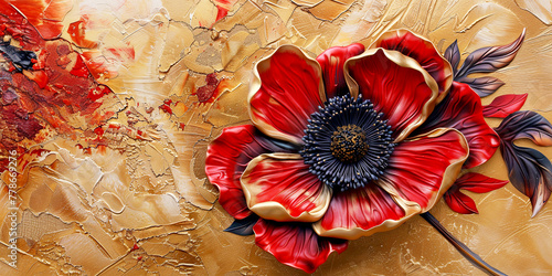 Red anemone  oil painting. Banner with beautiful spring flower. © bit24