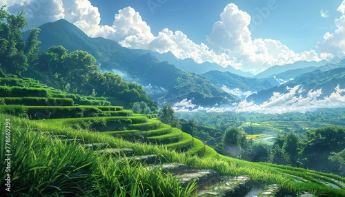 Terraced Rice Fields  Stepped fields of green rice paddies against a backdrop of mountains  illustrating the ingenuity of agricultural landscapes