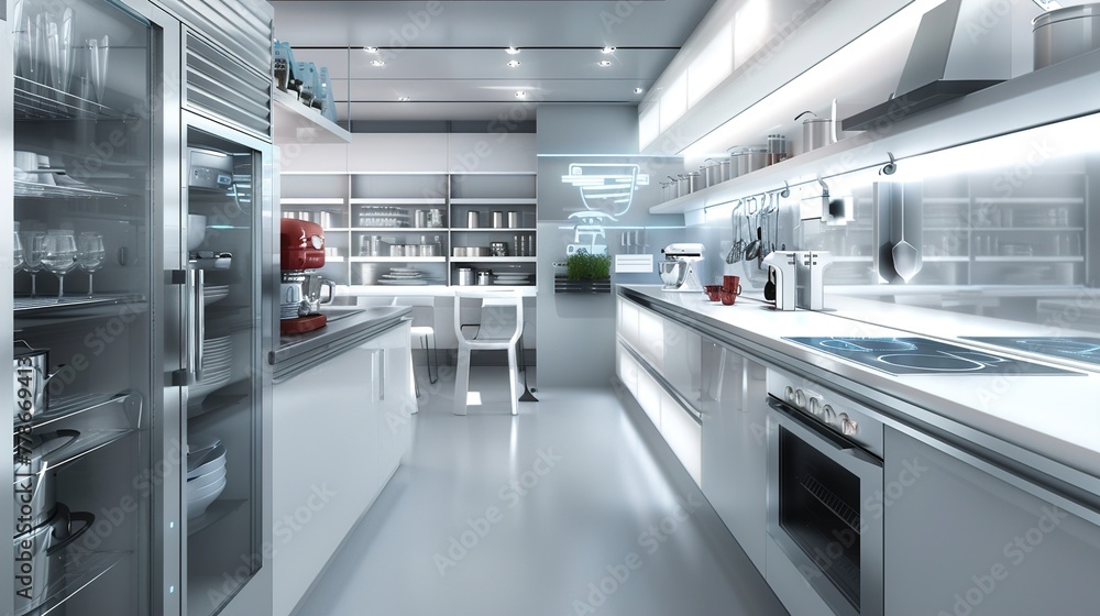 a futuristic kitchen with smart appliances, touch-screen surfaces, and innovative storage solutions. a futuristic kitchen with smart appliances, touch-screen surfaces, and innovative storage solutions.
