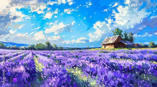 Purple lavender flower blossom field awith house in countryside. Banner of nature concept. photo