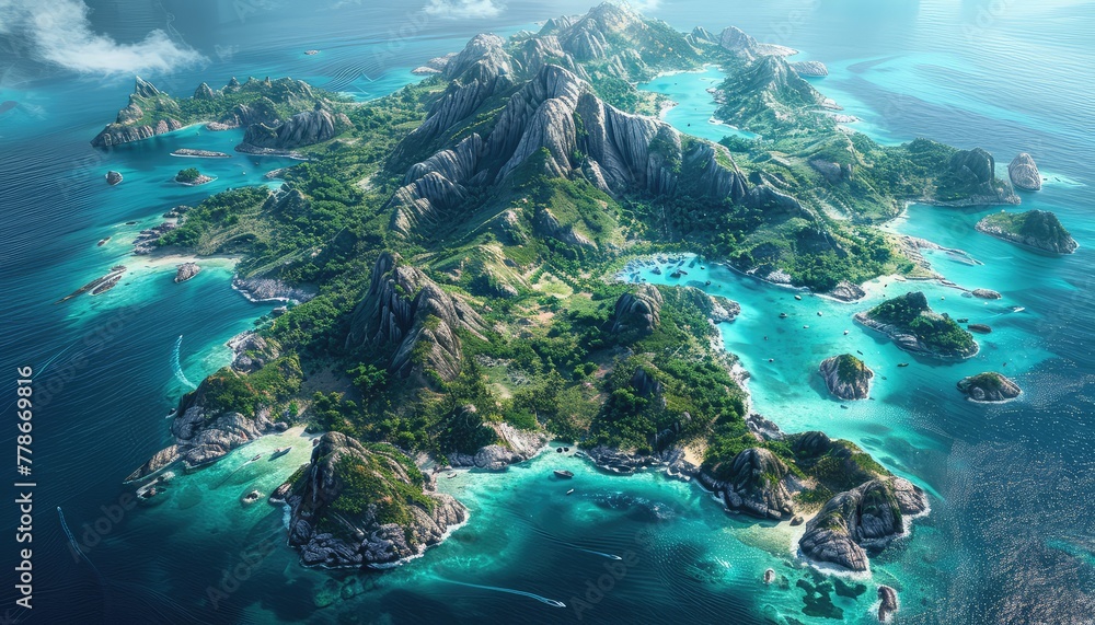 Fototapeta premium Island Archipelago, Aerial view of a chain of tropical islands surrounded by turquoise waters, inviting viewers to explore and escape