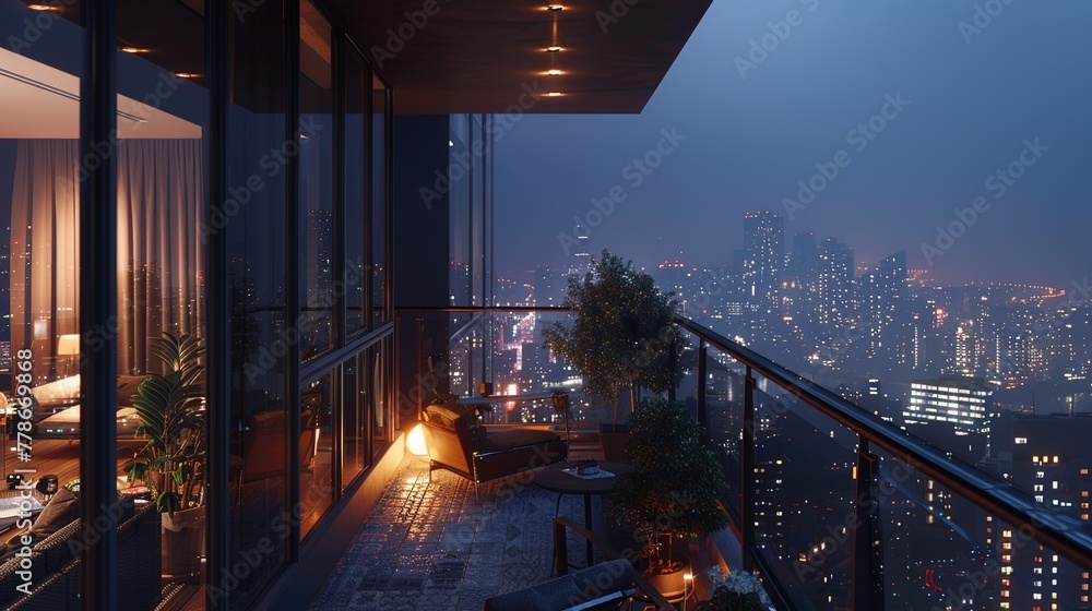 a high-rise apartment balcony with a panoramic cityscape, stylish outdoor furniture, and ambient lighting