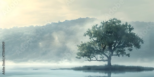Lone Oak Tree Stands Tall Amidst Misty Landscape a Symbol of Strength and Endurance