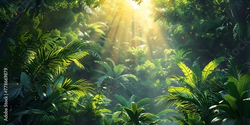 Vibrant Rainforest Canopy Illuminated by Ethereal Sunlight Filtering Through Lush Foliage