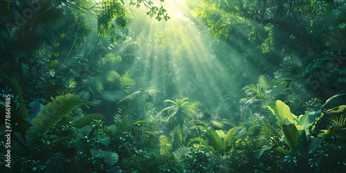 Sunlight Filtering Through Dense Rainforest Canopy Illuminating the Vibrant Greenery Below