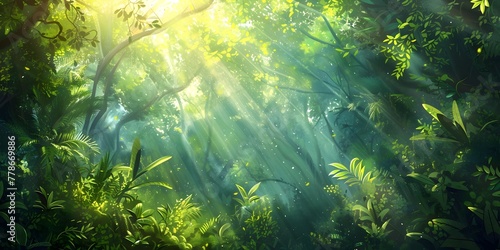 Sunlight Filtering through the Lush Canopy of a Captivating Rainforest Illuminating the Vibrant Life Below