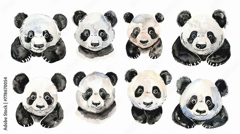 Fototapeta premium Cute set portraits of charectors of panda in watercolour cartoon style.Isolated on white background.