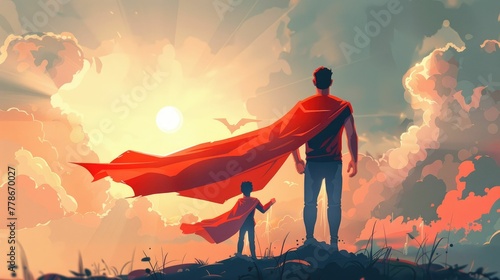Father and Child Embark on Imaginative Adventure Filled with Heroic Spirit and Boundless Possibilities