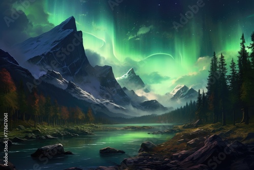 A scene of the Northern Lights over a mountain landscape  AI-generated