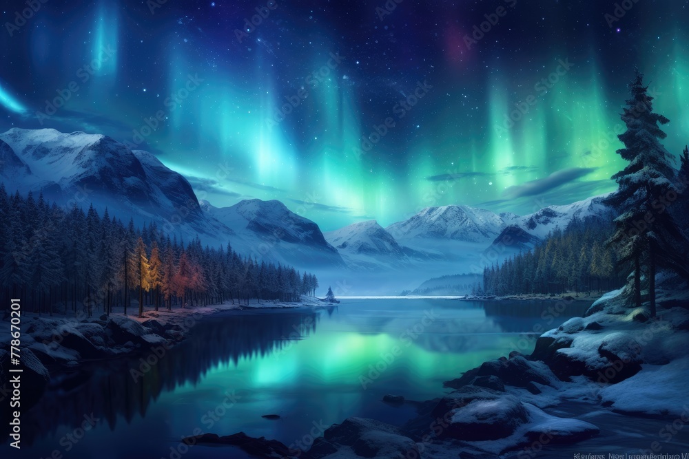 A scene of the Northern Lights over a mountain landscape, AI-generated