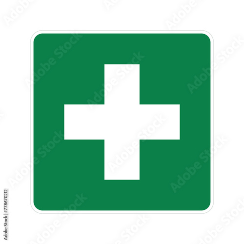Isolated green rectangle label of medical first aid kit, printable sign