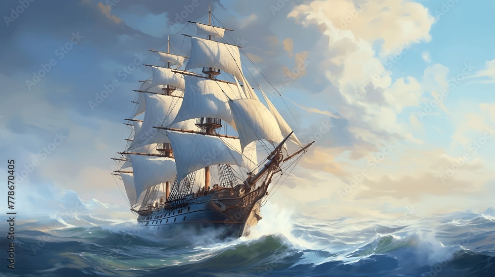 Naklejka premium A pirate ship in the ocean, a storm and a beautiful fantasy sky in the background. Generative AI