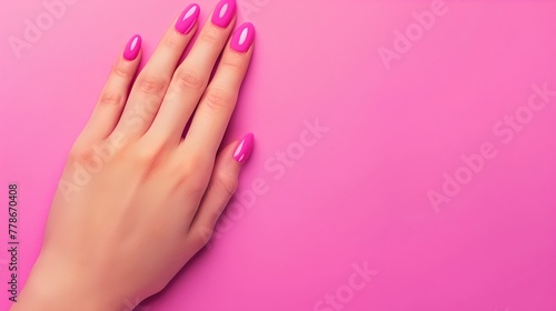 Woman s hand with vibrant pink nail polish on a vivid pink background. Fashionable manicure. Simple elegance. Ideal for beauty concepts. AI