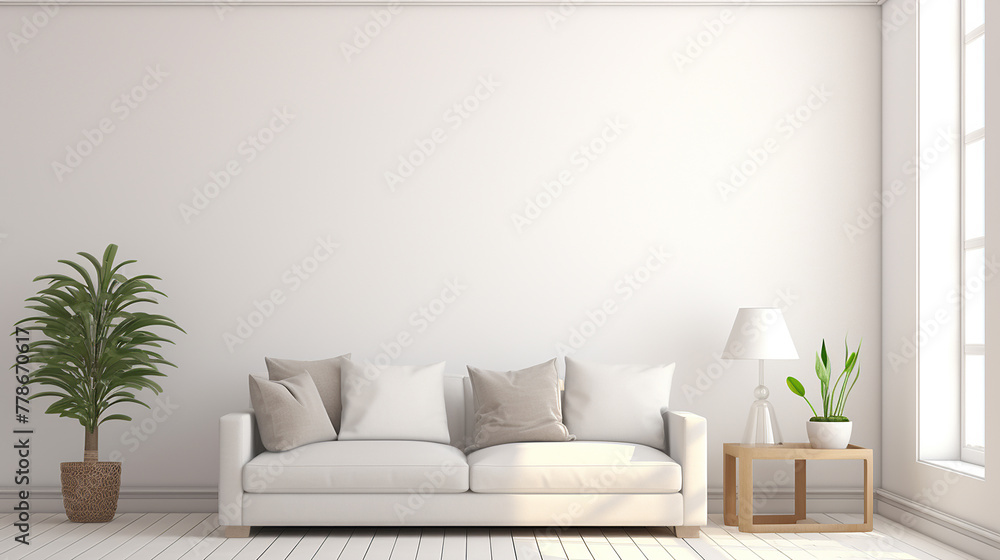 Naklejka premium bright living room interior with white empty wall