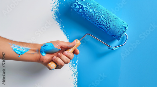 A person is painting a wall with a blue roller. The wall is freshly painted. The person is focused on their task. closeup of a hand holding a painter roller with blue paint, painting a white wall photo