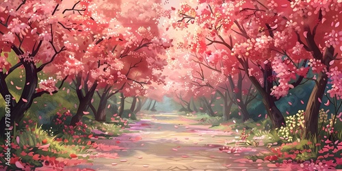 Enchanting Garden Path Lined with Blossoming Cherry Trees Under a Floral Canopy Inviting a Tranquil Spring Stroll