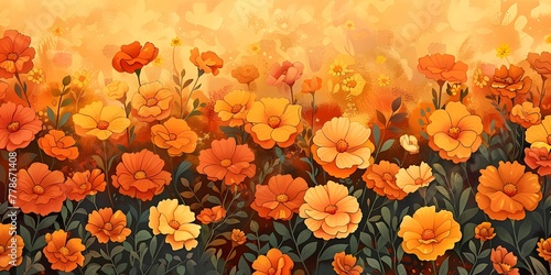 Vibrant Orange Marigolds Blooming in a Lush Garden Bathed in the Warm Glow of Golden Hour Sunlight Showcasing a Serene and Colorful Natural Landscape