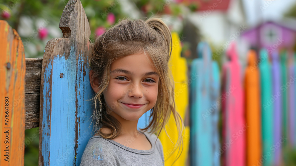 Playful Whimsy: With boundless imagination, a girl transforms a mundane task into a whimsical adventure as she paints a fence. Her laughter rings out as she adds playful touches an Playful Whimsy: With boundless imagination, a girl transforms a mundane task into a whimsical adventure as she paints a fence. Her laughter rings out as she adds playful touches an