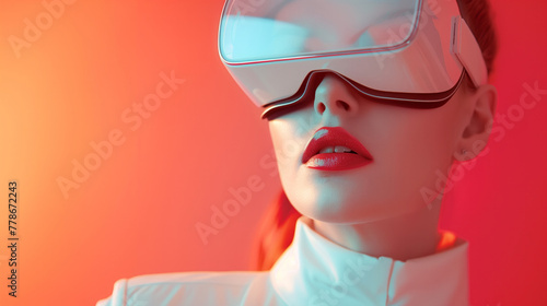 A woman wearing a white shirt and red lipstick stands in front of a red background. Minimal Closeup photograph, caucasian beautiful female wearing white VR glasses, all white outfit