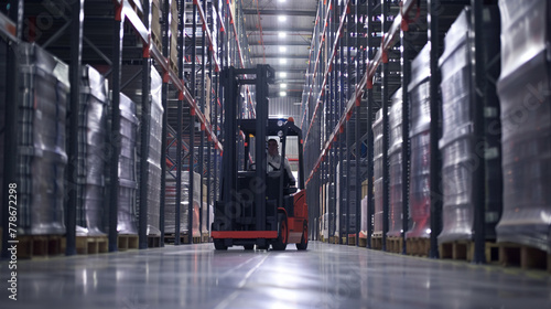 Industrial forklift loader handling pallets in a warehouse, showcasing efficiency in logistics and storage management.